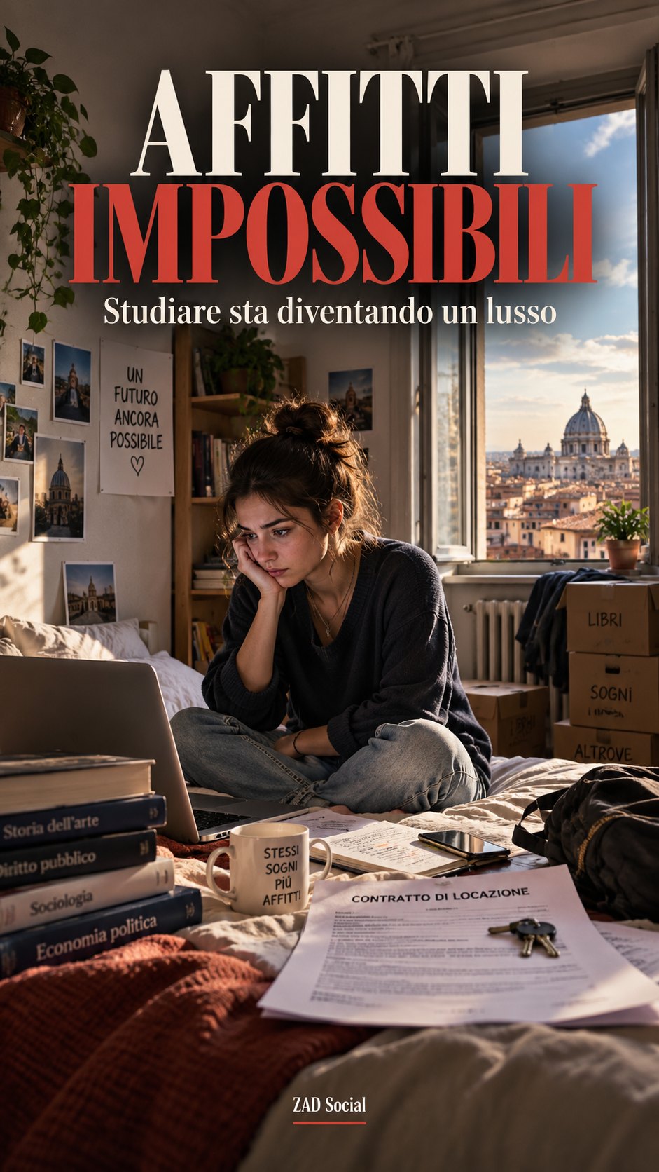 Affitti impossibili; studentessa in stanza, laptop e contratto.