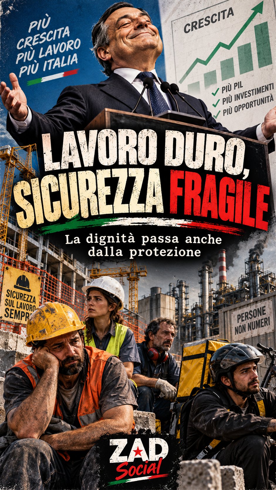 Lavoro duro sicurezza fragile; cantiere e rider in scena satirica.