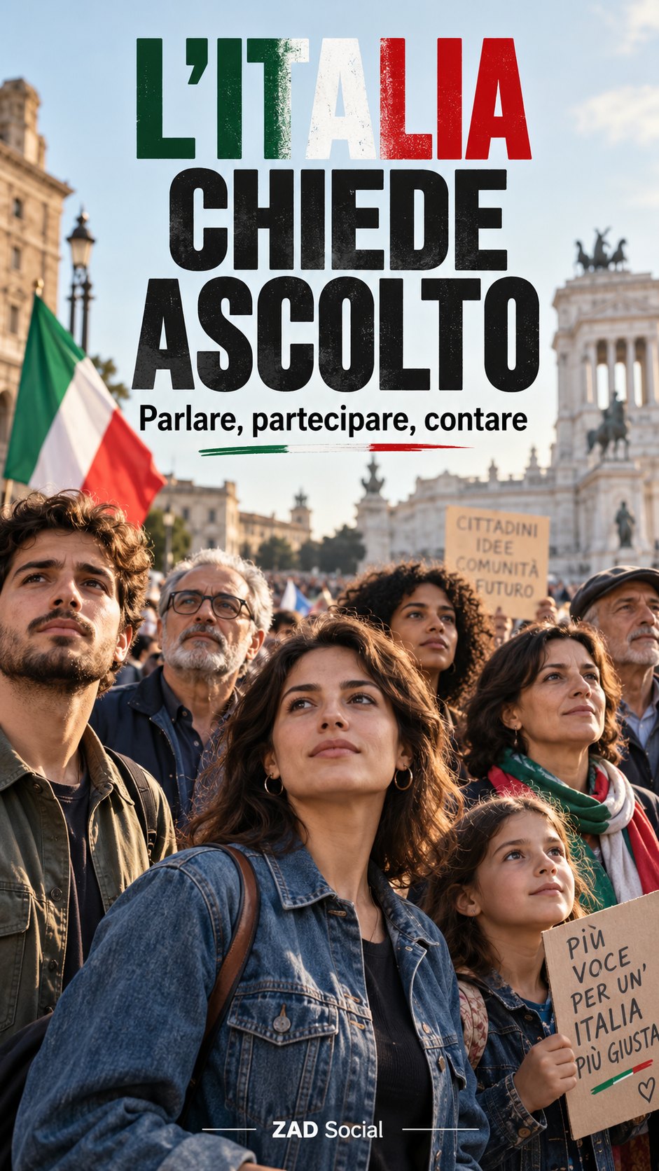 Italia chiede ascolto; gruppo civile in piazza, composizione aperta.