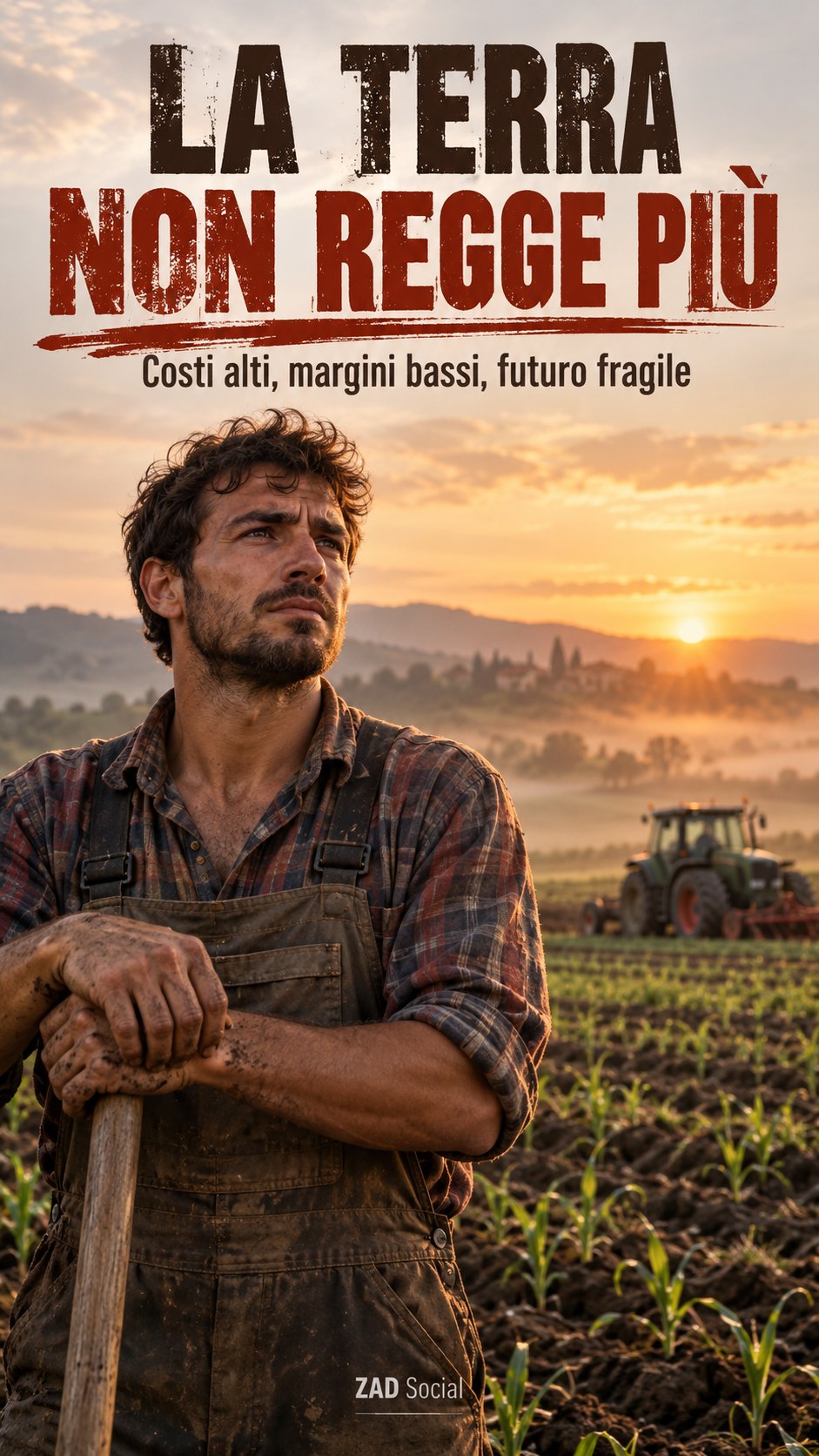 Terra non regge; agricoltore singolo in campo, non corteo.