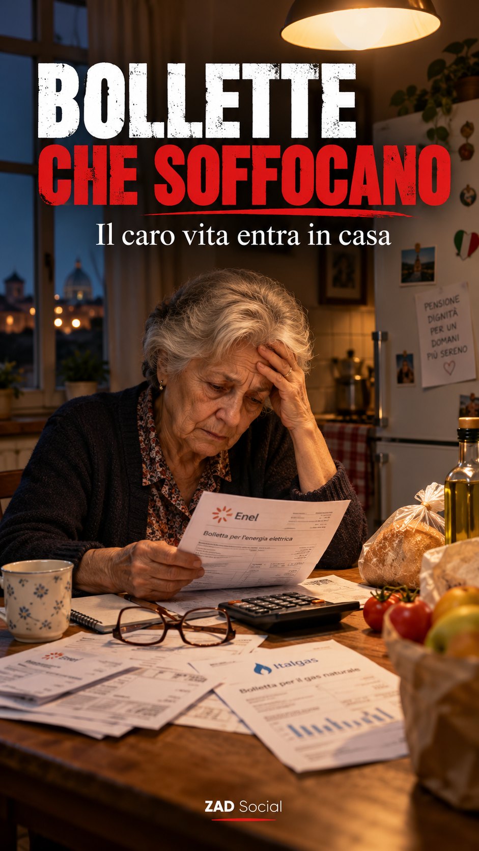 Bollette soffocano; anziana a tavola con documenti generati.