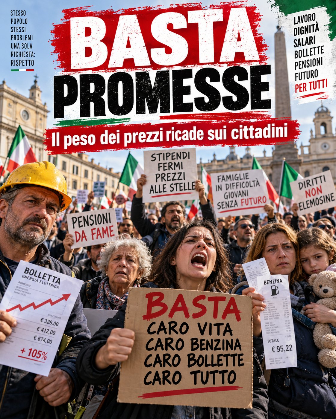 Manifesto Basta promesse; folla, fatture e scenografia romana.