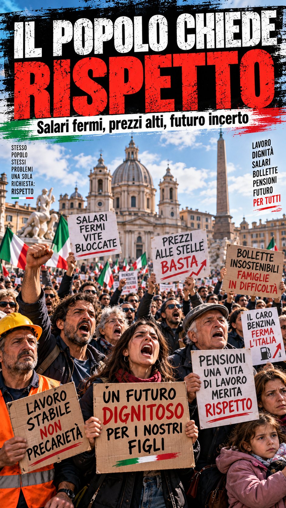 Popolo chiede rispetto; piazza, cartelli e tricolore.