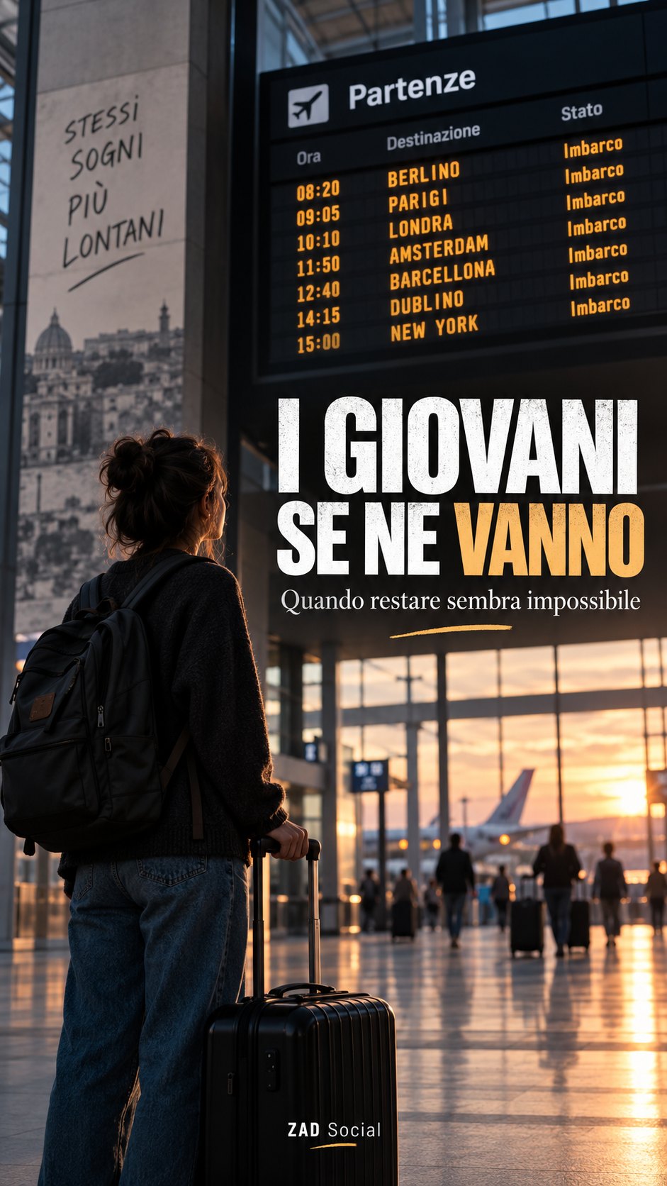 Giovani se ne vanno; viaggiatrice di spalle in aeroporto.