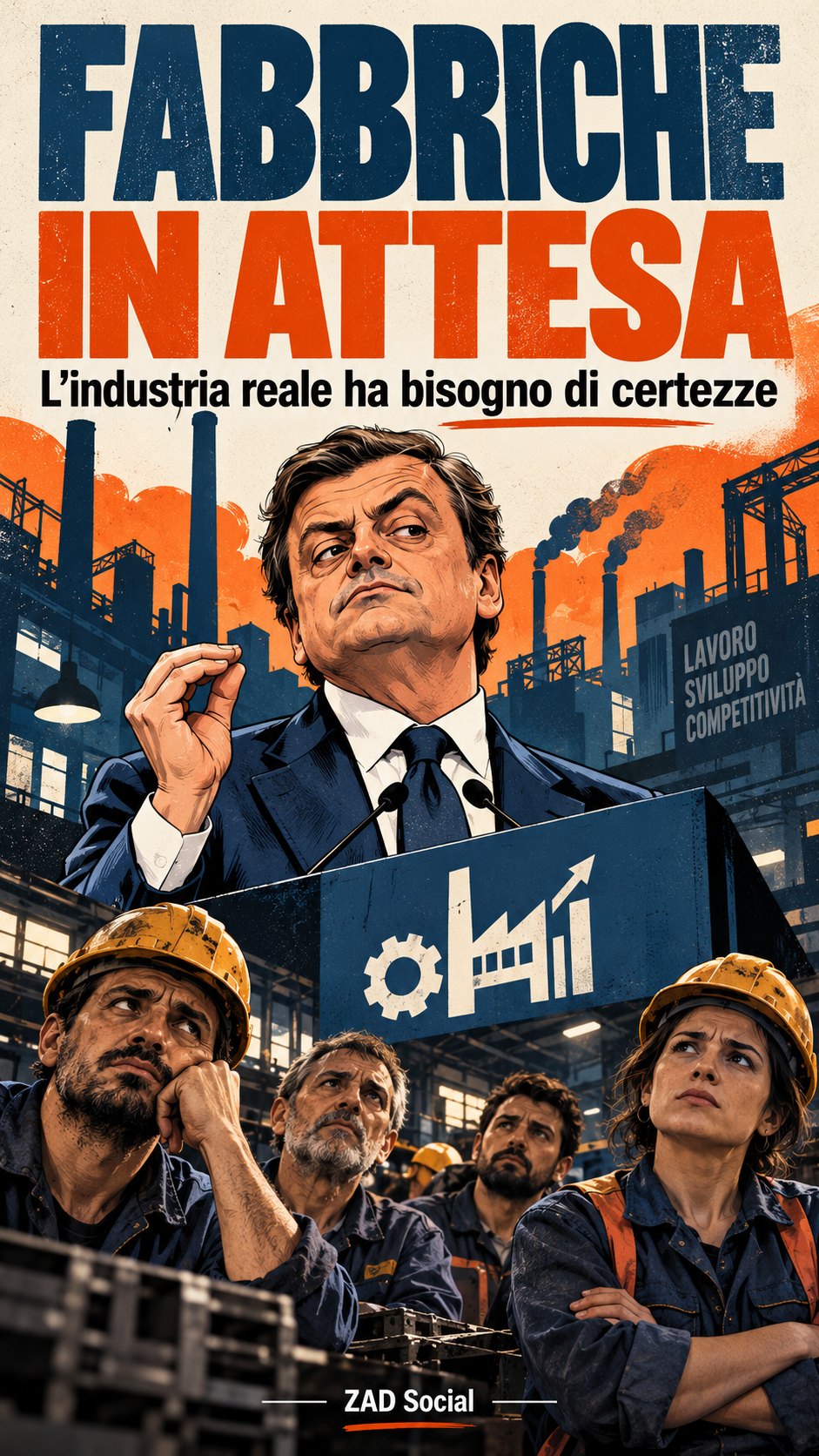 Fabbriche in attesa; industria, operai e podio, palette blu/arancio.