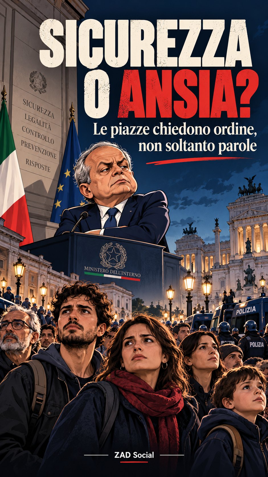 Sicurezza o ansia; piazza, polizia e podio, immagine satirica.