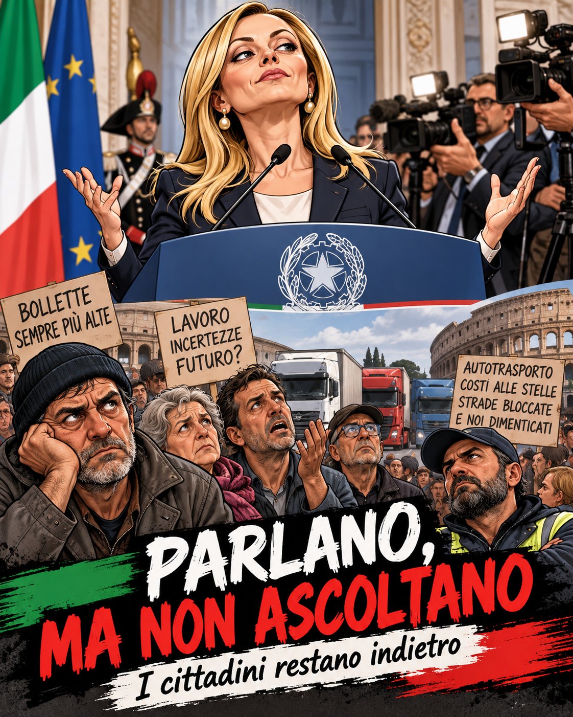 Caricatura al podio e cittadini; Parlano ma non ascoltano.