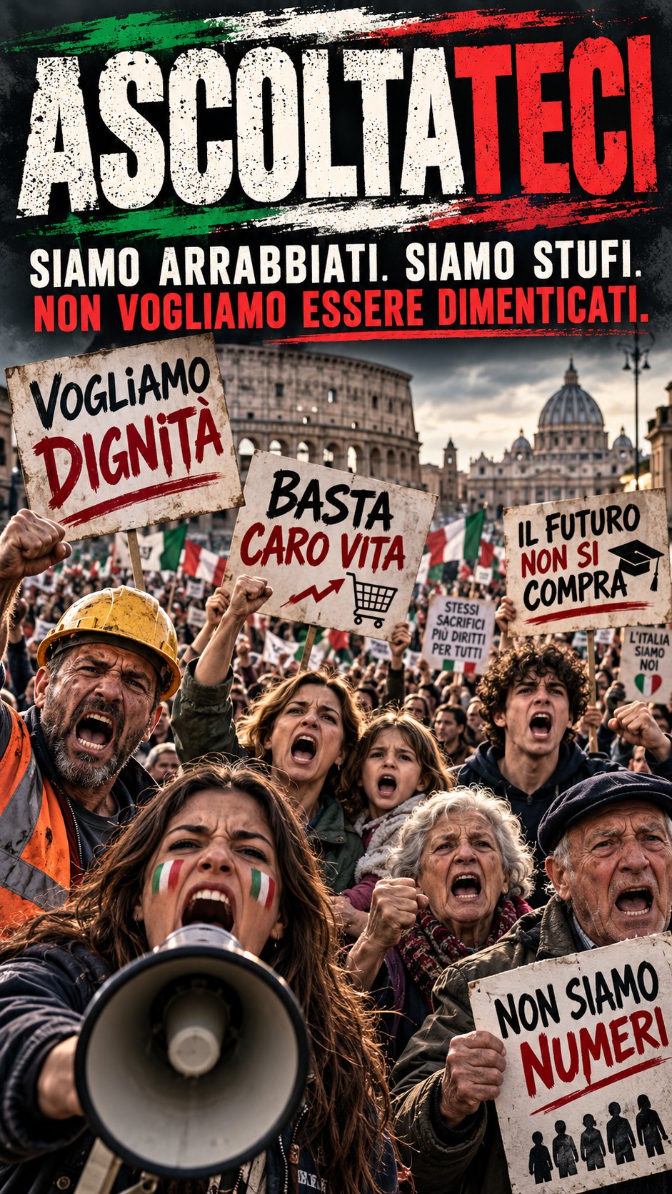 Ascoltateci; megafono in primo piano, folla.
