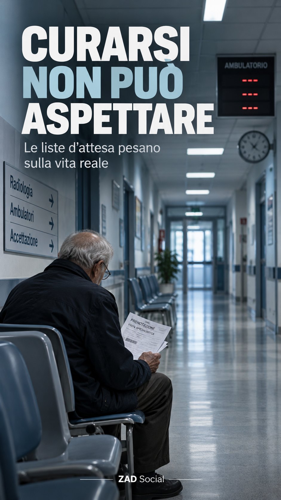 Curarsi non può aspettare; anziano in corridoio ospedaliero.