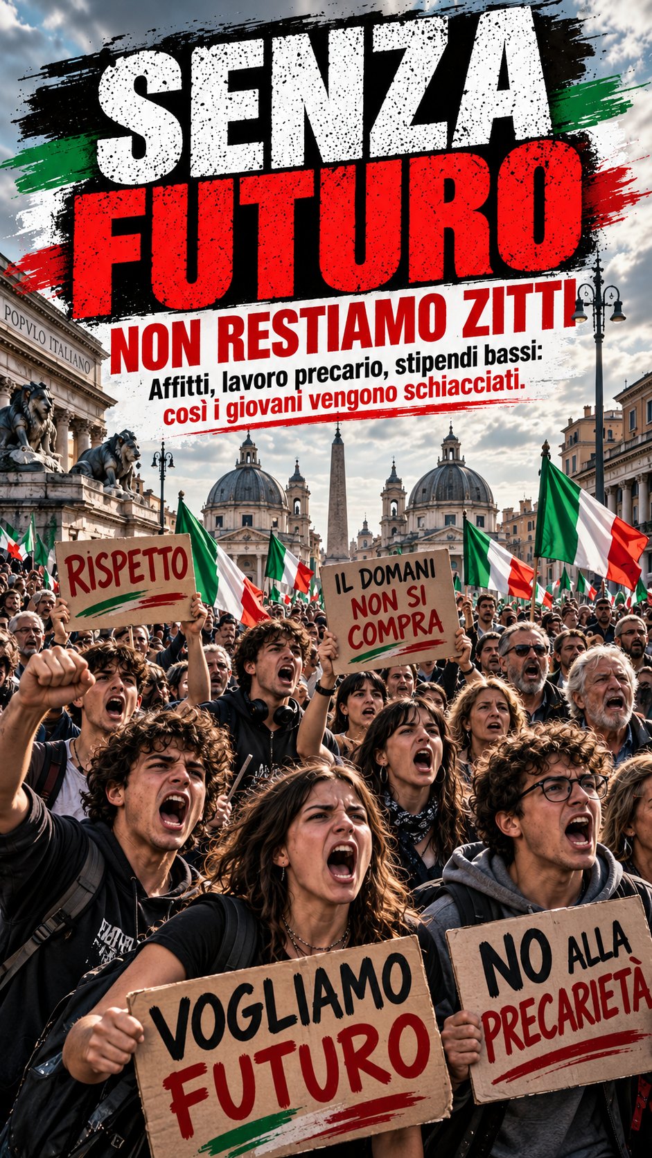 Senza futuro; corteo giovane con cartelli.