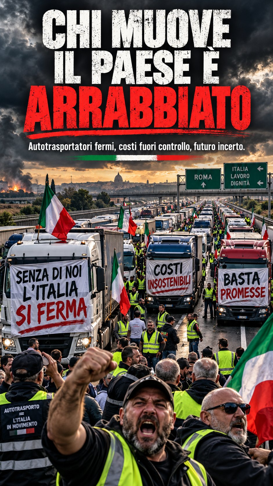 Chi muove il Paese è arrabbiato; camion e manifestanti.
