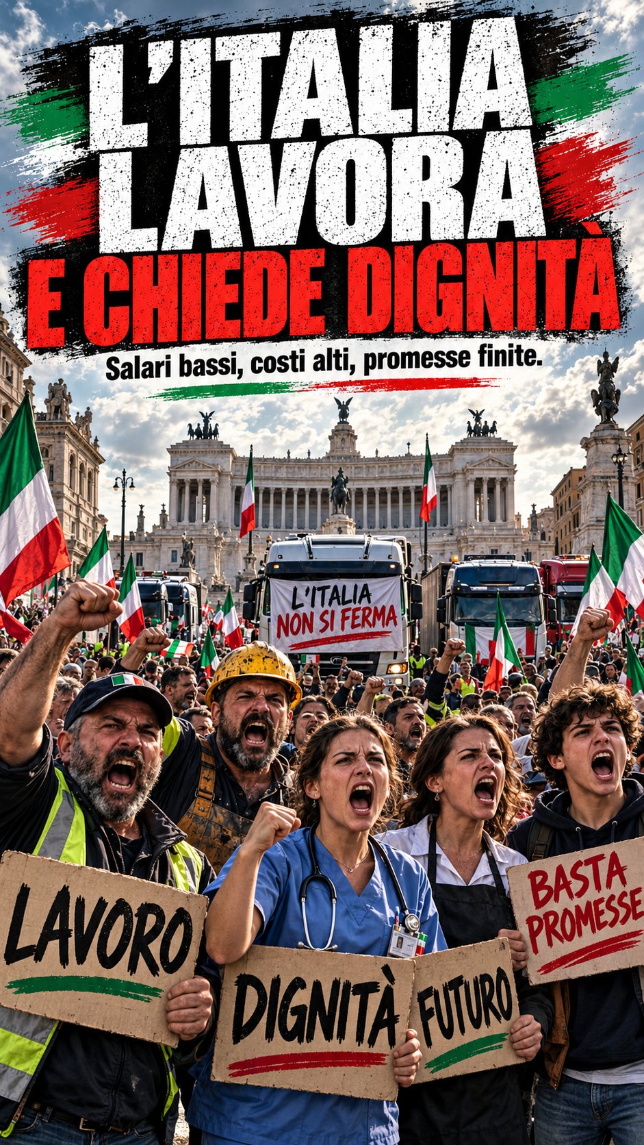 Italia lavora e chiede dignità; infermiera al centro.