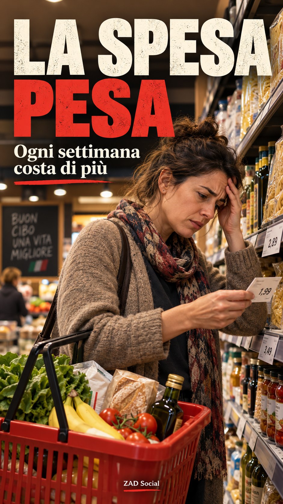 La spesa pesa; donna e carrello con prezzi, illustrazione.