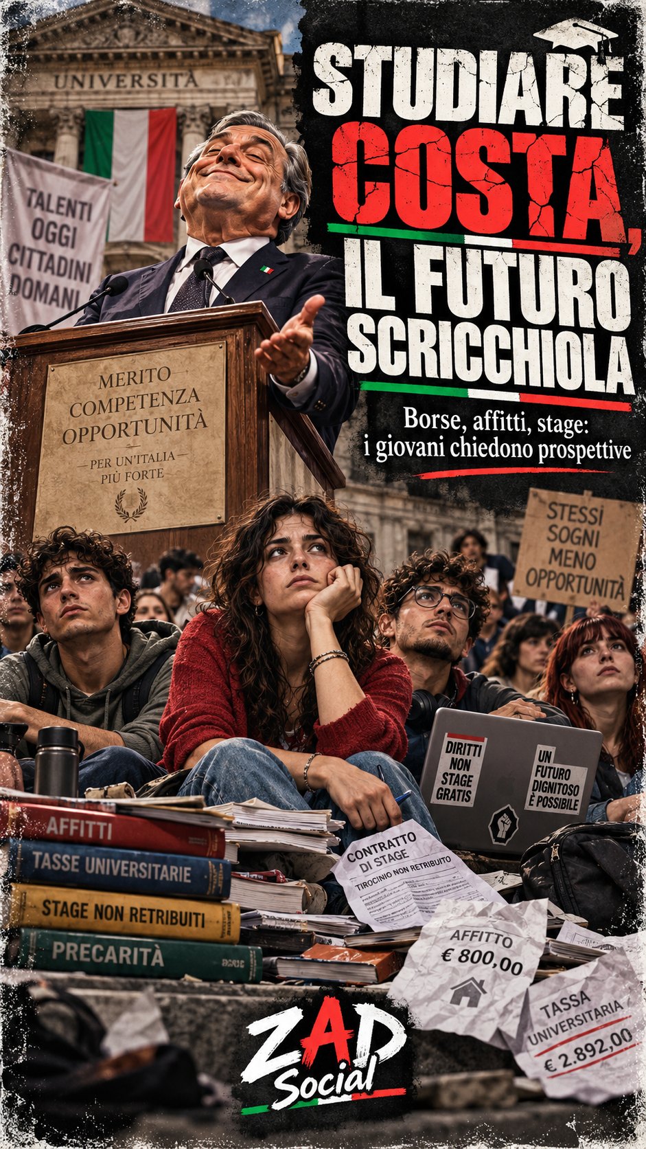 Studiare costa; studenti, tasse e palazzo universitario satirico.