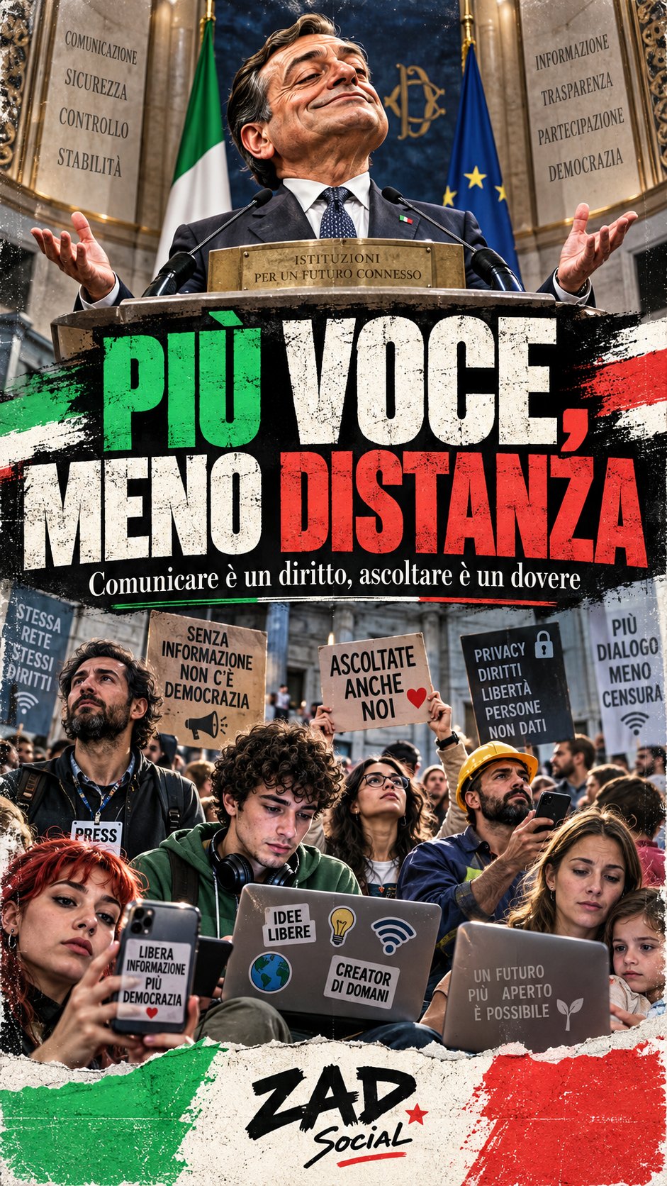 Più voce meno distanza; cittadini/creatori e comunicazione, satira.