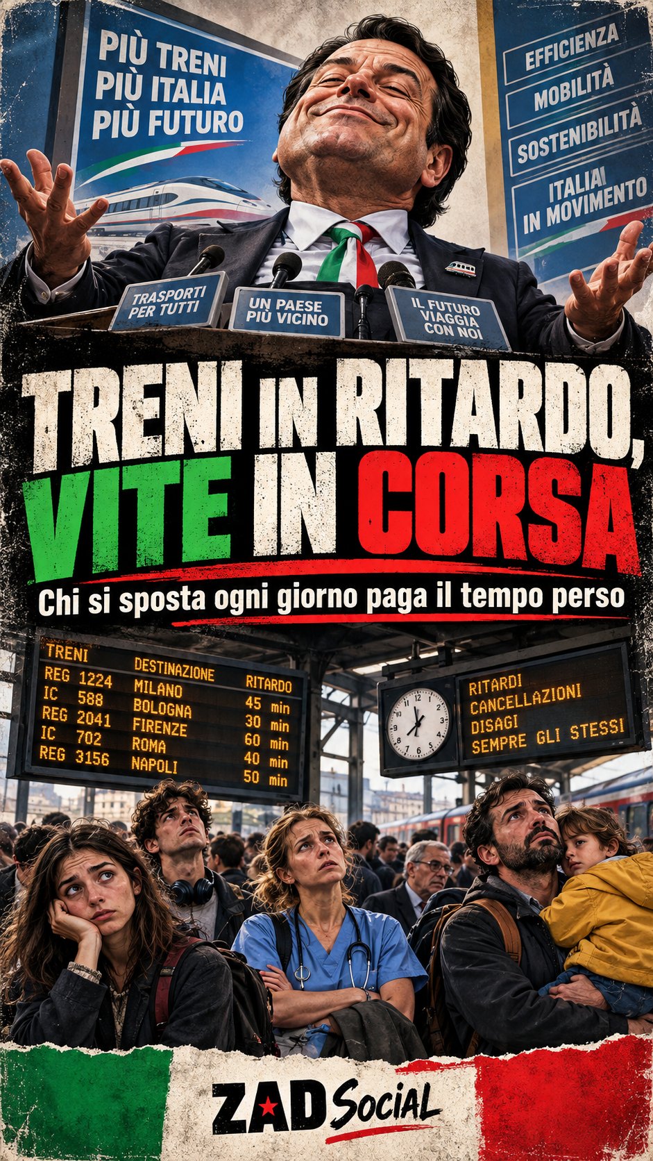 Treni in ritardo vite in corsa; pendolari e tabelloni immaginari.