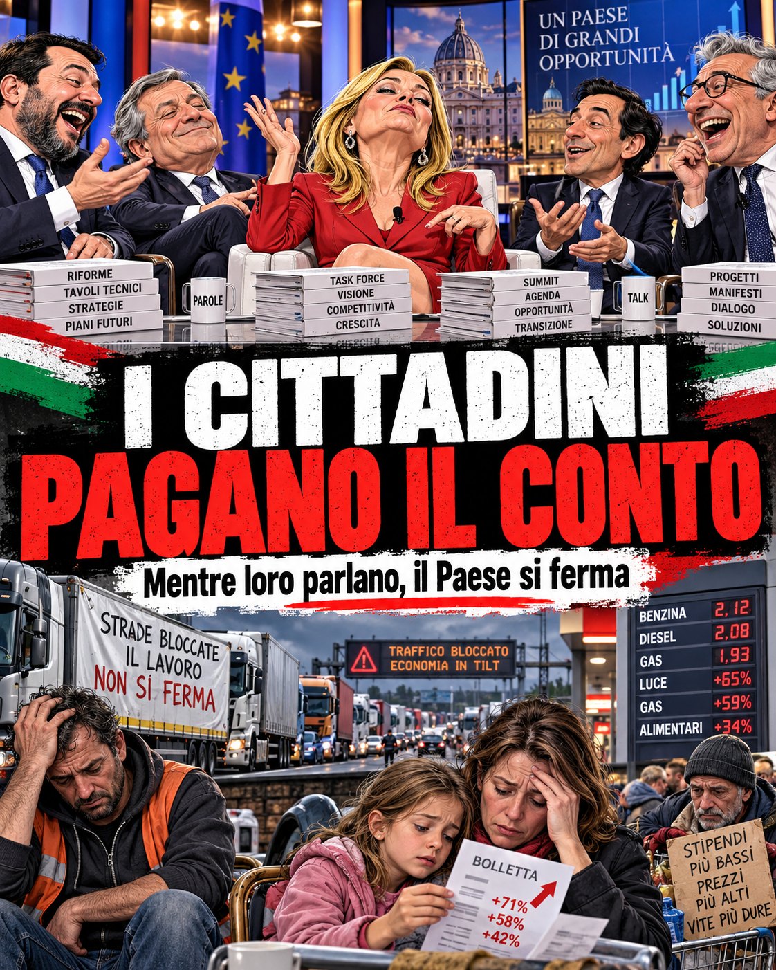 Satira collettiva istituzioni/cittadini; collage di costi inventati.
