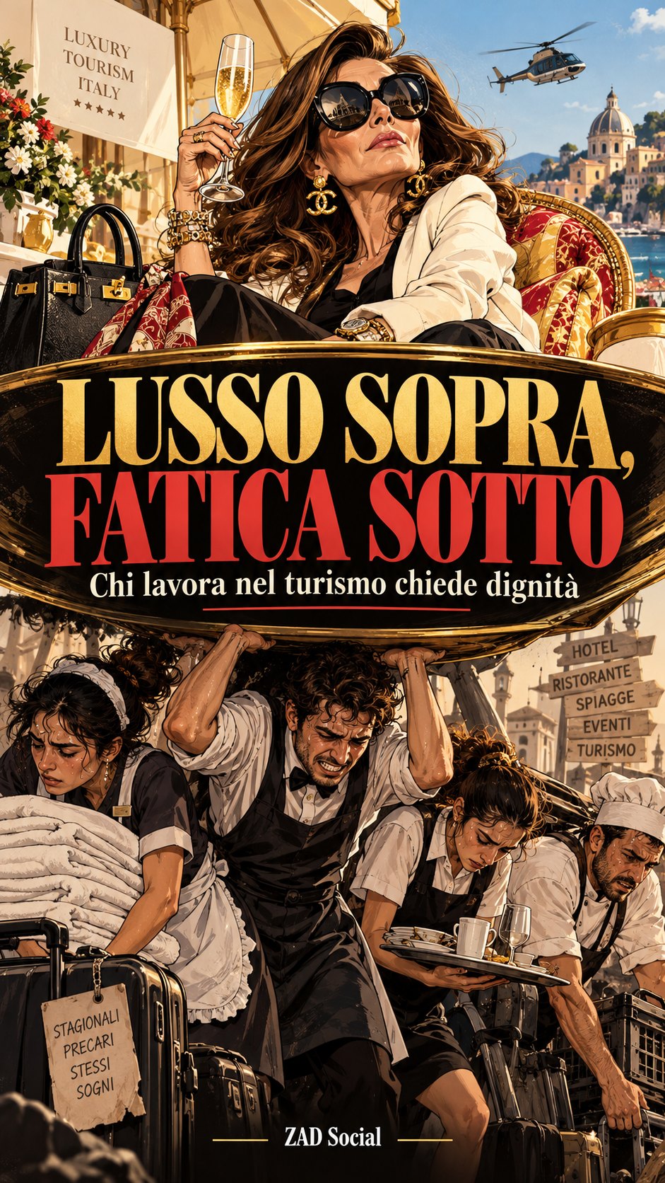 Lusso sopra fatica sotto; turismo e lavoratori sorreggono una tavola.