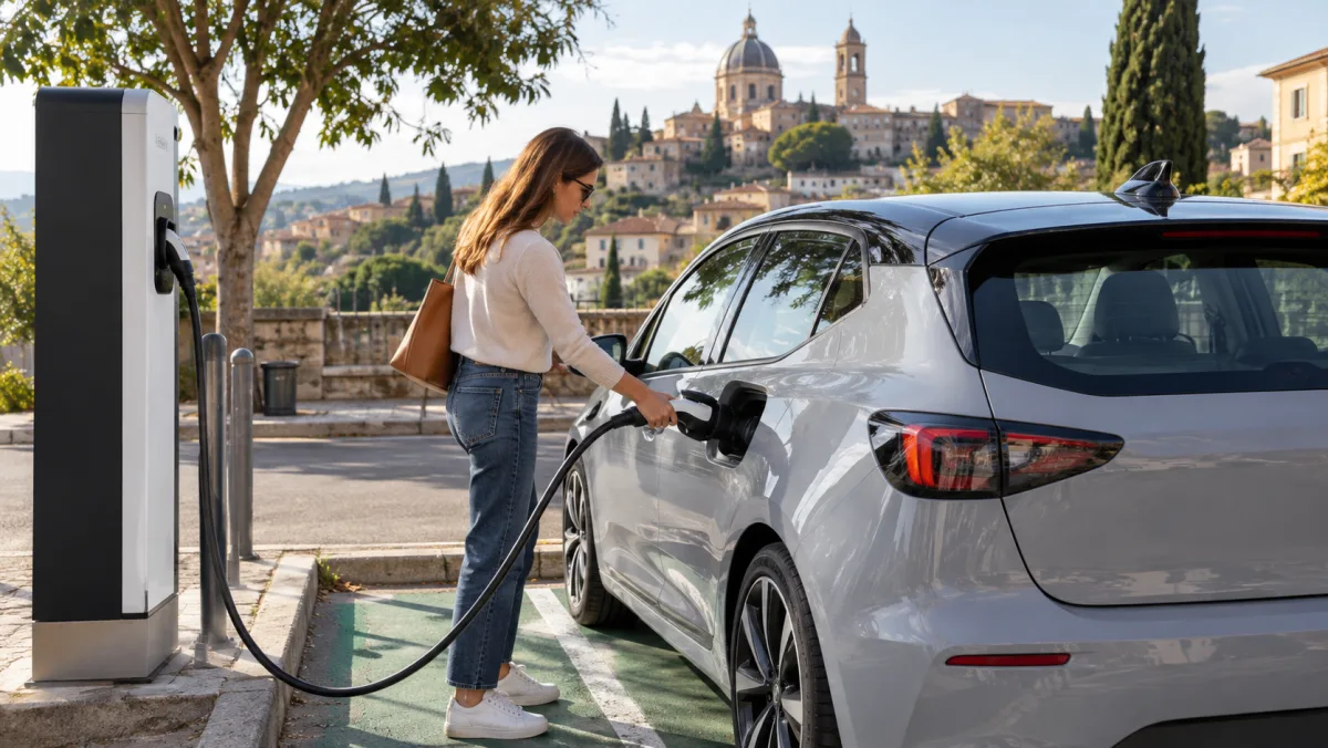 Una conducente collega un’auto elettrica alla colonnina · illustrazione AI