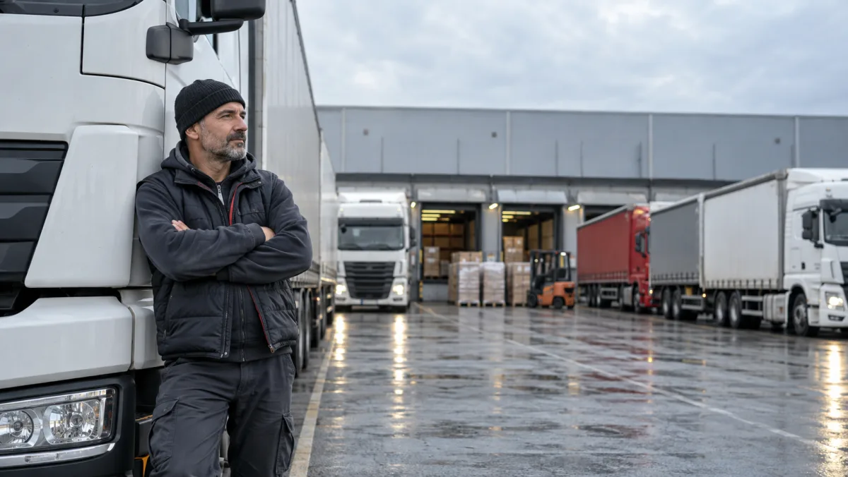 Autotrasportatore e camion in un deposito logistico · illustrazione AI