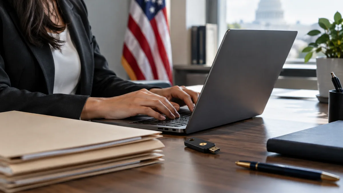 Postazione informatica con chiave di sicurezza in un ufficio statunitense · illustrazione AI