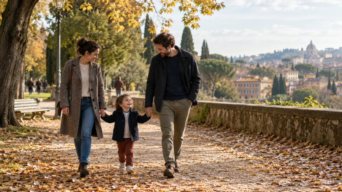 Una coppia passeggia con un bambino in un parco italiano · illustrazione AI