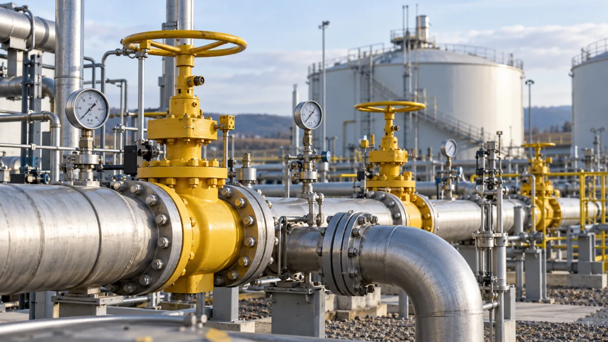 Tubazioni, valvole e serbatoi di un impianto per il gas · illustrazione AI