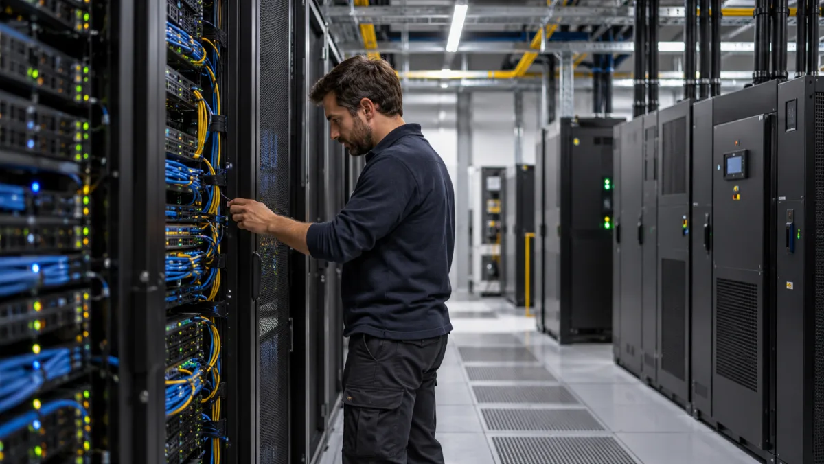 Tecnico al lavoro fra server e sistemi di alimentazione · illustrazione AI