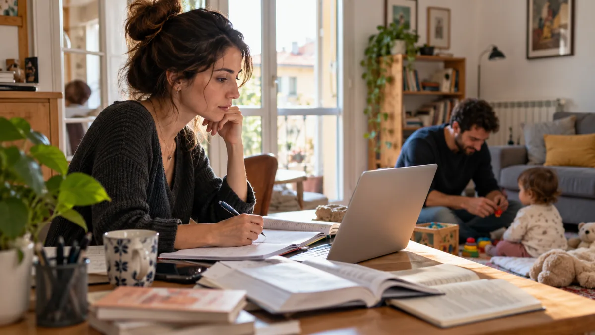 Una donna studia mentre il partner si occupa del bambino · illustrazione AI