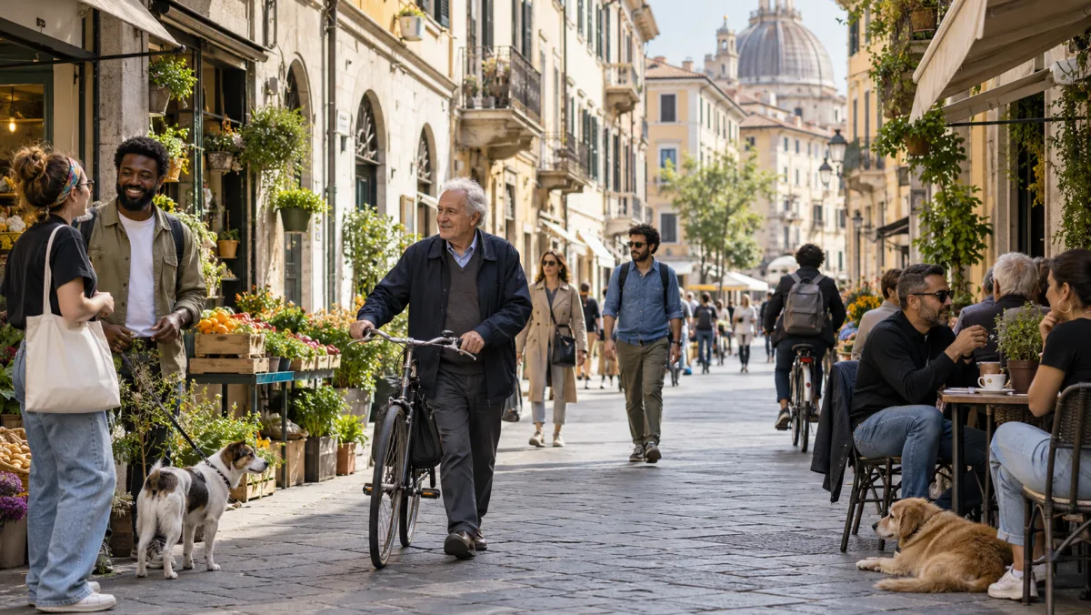 Persone di età e origini diverse in una strada italiana · illustrazione AI