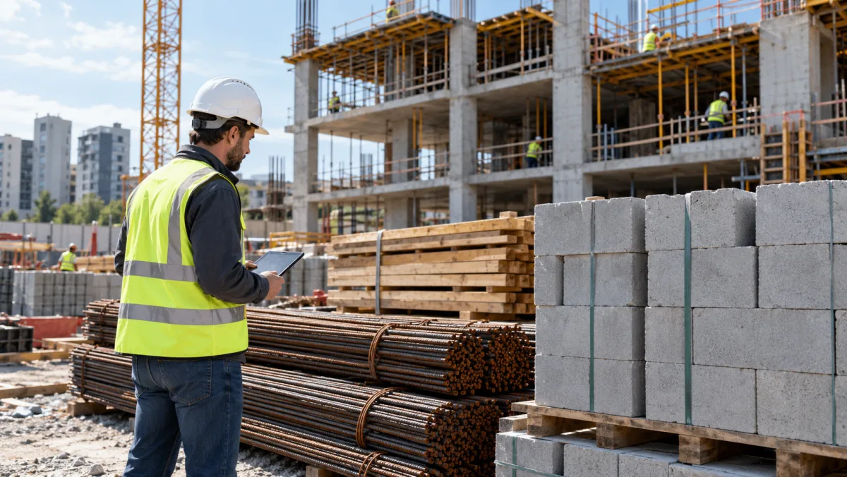 Addetto con casco e gilet controlla materiali in un cantiere · illustrazione AI