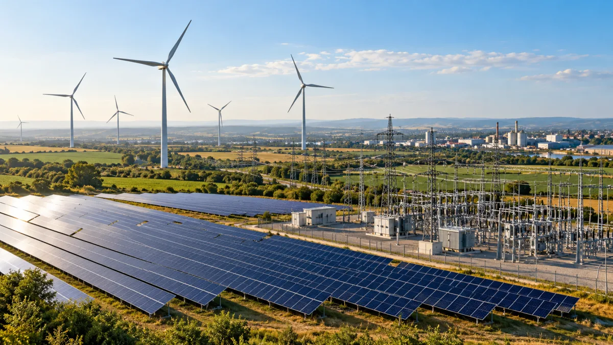 Pannelli solari, turbine eoliche e rete elettrica · illustrazione AI
